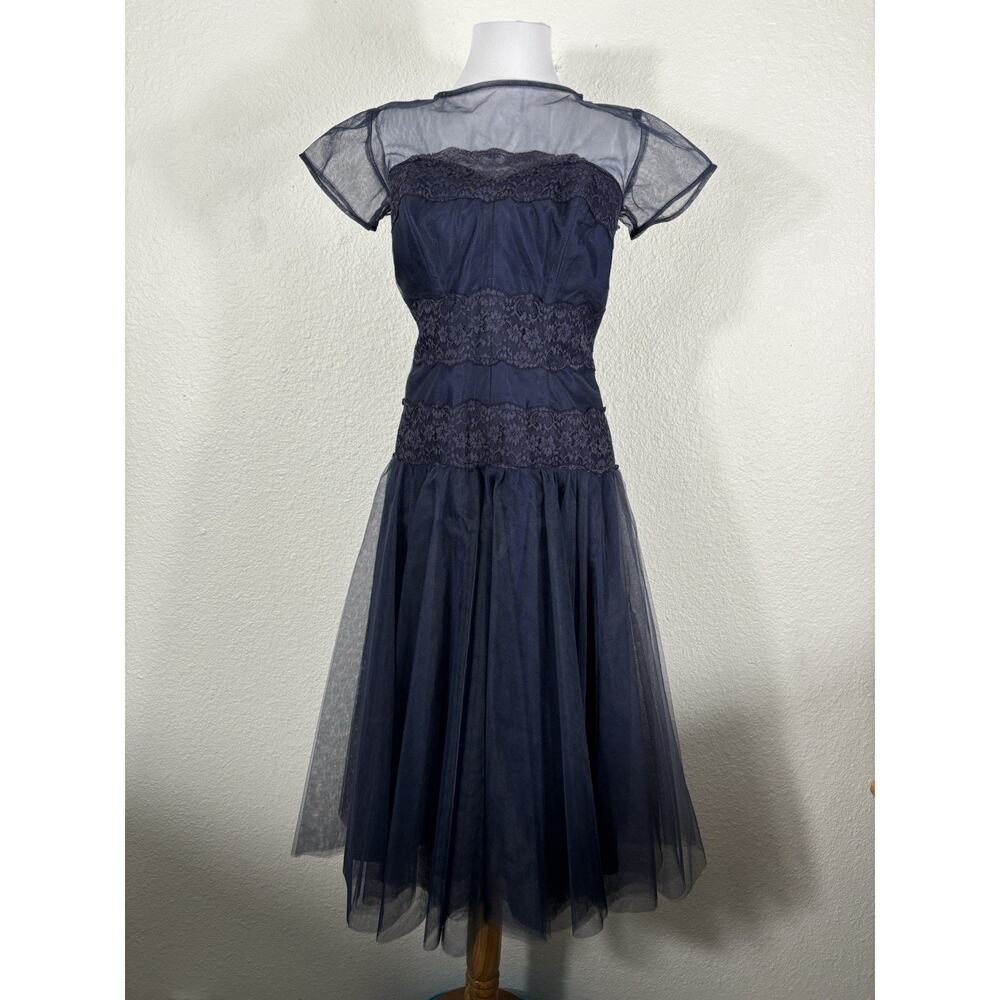 Vintage 1950s Prom Dress Size M Navy Blue Lace Tulle Metal Zipper Party Formal